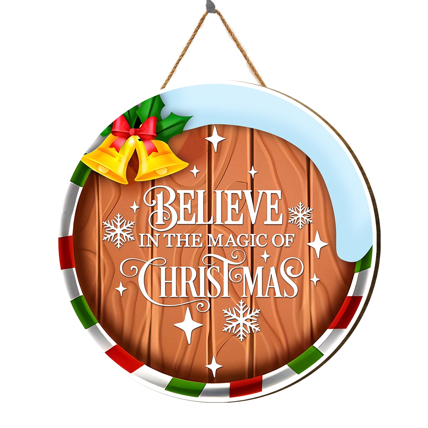 Teesdily | Christmas Round Sign, Believe In The Magic Of Christmas Wooden Sign, Merry Christmas Door Hanger, Christmas Porch Sign