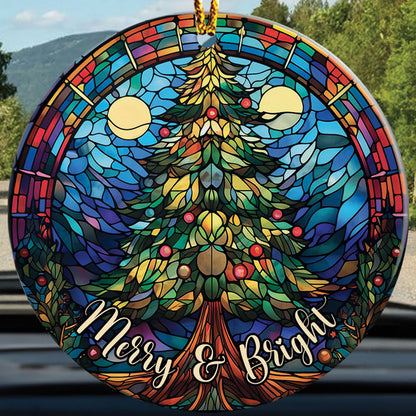 Teesdily | Merry And Bright Pine Tree Stained Glass Art Circle Ceramic Ornament, Pine Tree Acrylic Ornament, Jesus Lovers Gifts