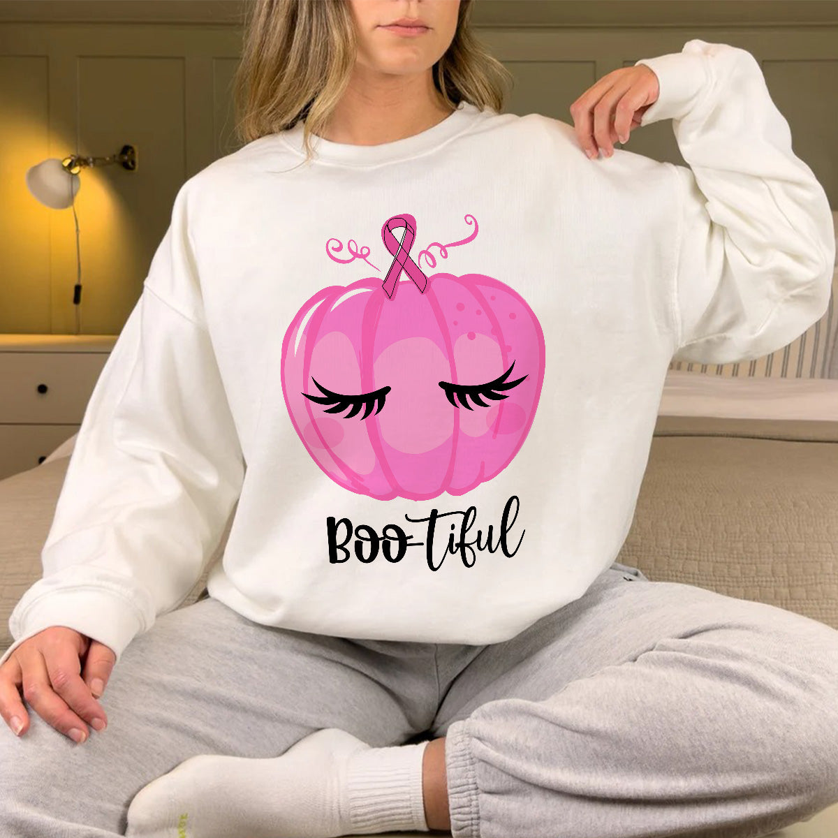 Teesdily | Pink Pumpkin Bootiful Shirt, Breast Cancer Halloween Sweatshirt, Pink Ribbon Pumpkin Cancer Fighter Hoodie Mug, Cancer Month Gift