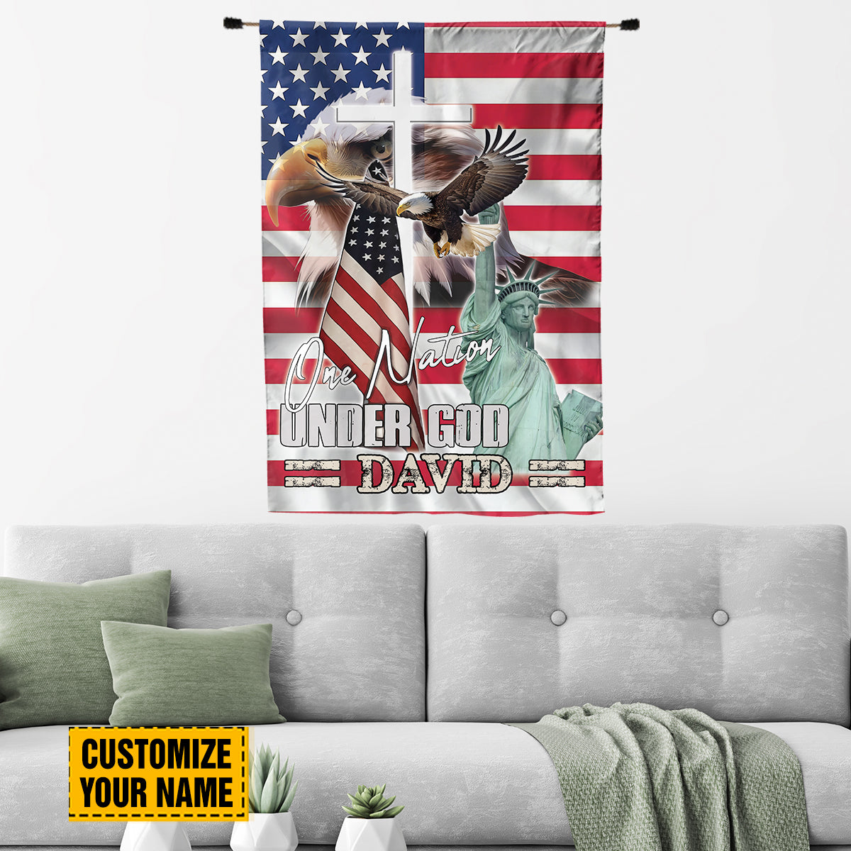 Teesdily | Customized American Eagle Garden Flag, Statue Of Liberty Jesus Cross House Flag, One Nation Under God Outdoor Flag, Independence Day Gifts