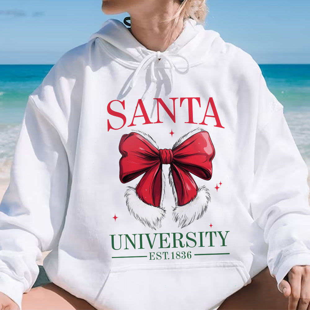 Teesdily | Retro Santa Bow University Est 1836 Shirt, Coquette Bow Christmas Sweatshirt, Social Club Santa Tee