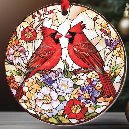 Teesdily | Couple Cardinal Ornament Christmas, Cardinal Stained Glass Acrylic 2D Ornament Christmas, Holiday Noel Ornament Gift