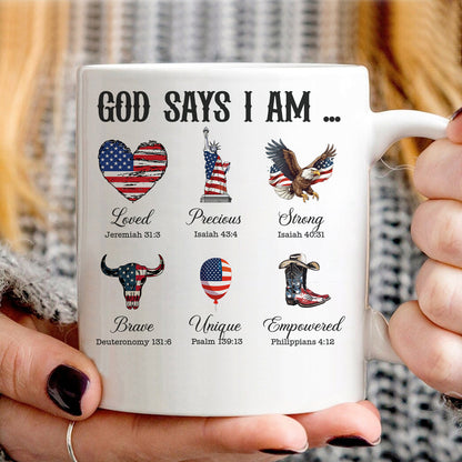 Teesdily | God Says I Am Shirt, American Flag Cowboy Sweatshirt, Eagle Heart Statue of Liberty Mug, Jesus Christ Mug Gifts