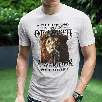 Teesdily | Jesus Warrior Knight Lion Shirt, A Warrior Of Christ Sweatshirt, A Child Of God Hoodie Mug, Man Of Faith Religious Tee