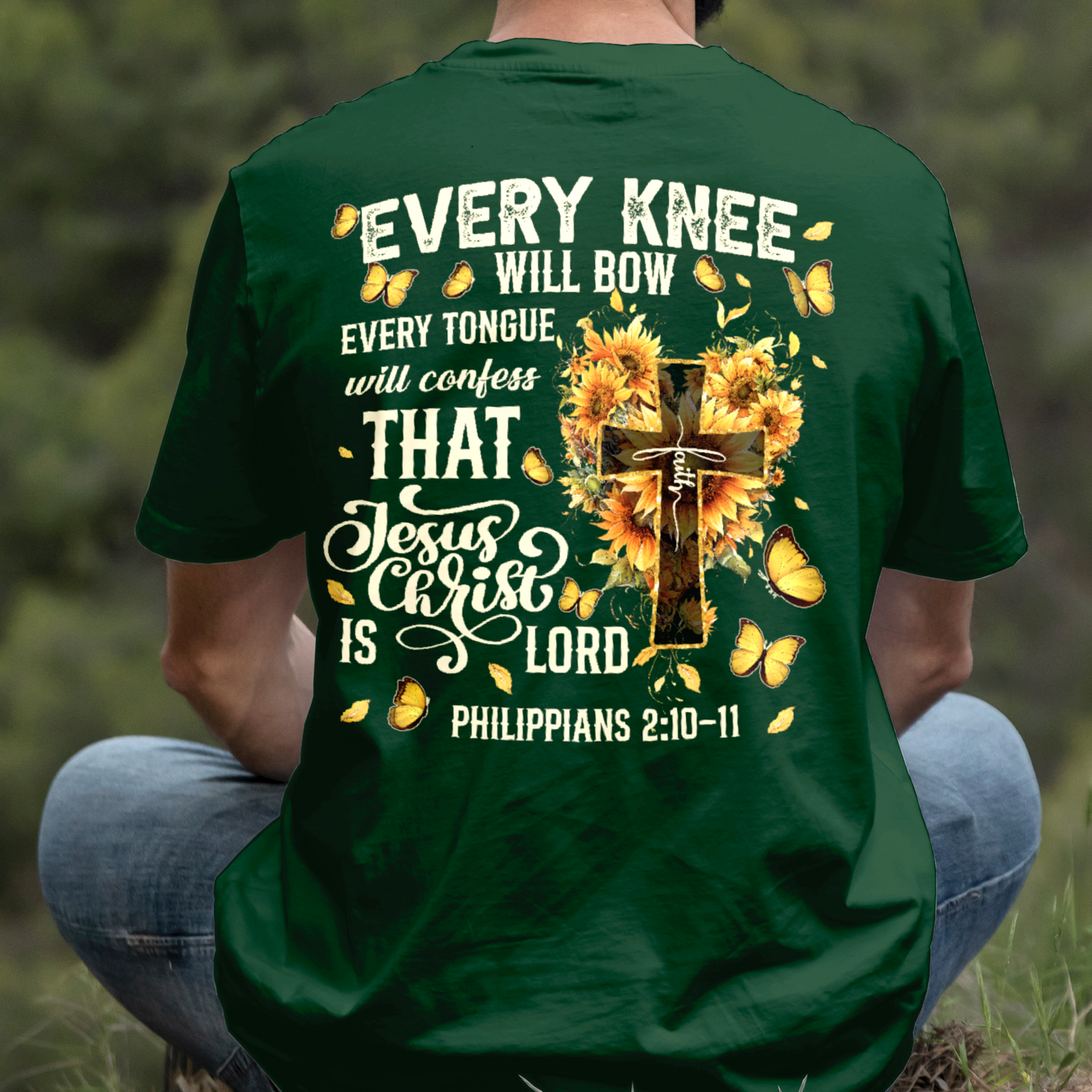 Teesdily | Every Knee Shall Bow Shirt, Every Tongue Shall Confess Sweatshirt, Bible Verse Sunflower Cross Jesus Hoodie Mug Gift