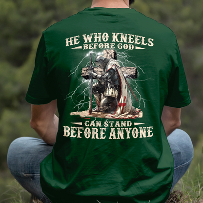 Teesdily | He Who Kneels Before God Shirt, Jesus Warrior Sweatshirt, Christian Cross Faith Hoodie Mug, Religious Gift Men