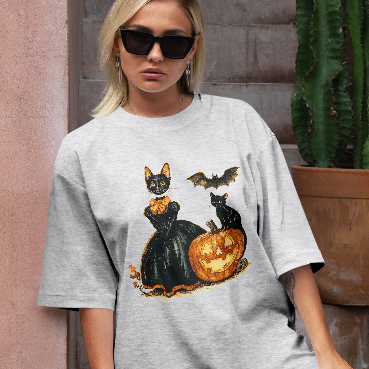 Teesdily | Childless Cat Lady Full Color Shirt, Halloween Pumpkin Witch And Cat Sweatshirt, Witchy Black Cat Hoodie Mug