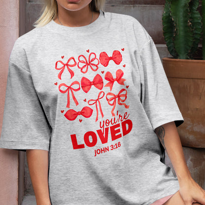 Teesdily | You Are Loved John 3 16 Shirt, Jesus Bow Coquette Valentines Sweatshirt, Bible Verse Christian Hoodie Mug, Valentine Gift