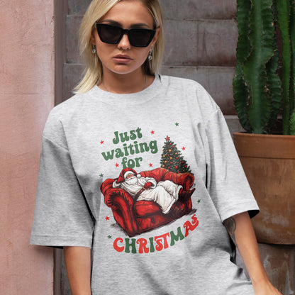 Teesdily | Just Waiting For Christmas Shirt, Santa Sofa Christmas Lights Tee 2024, Santa Claus Sweatshirt Hoodie Mug, Holiday Gift