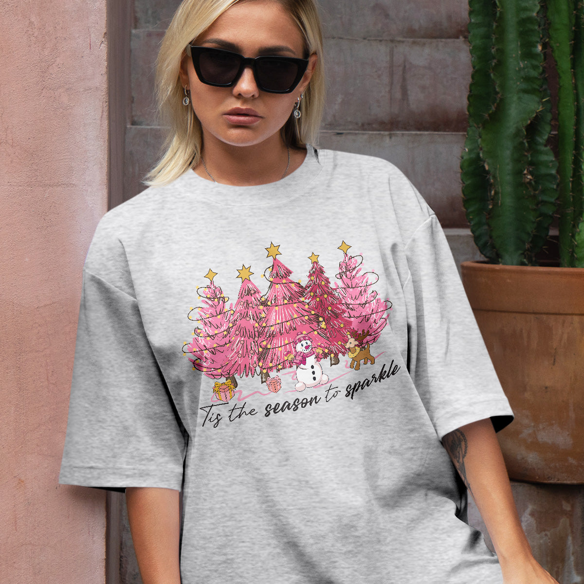 Teesdily | Pink Christmas Tree Snowman Christmas Shirt, Tis The Season To Sparkle Tee Sweatshirt Hoodie Mug, Christmas Gift