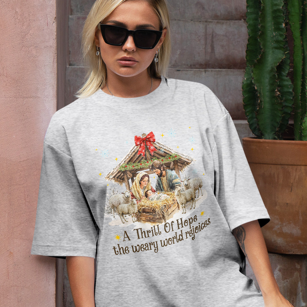 Teesdily | Nativity Scene Christmas Coquette Jesus Shirt, A Thrill Of Hope Sweatshirt, Christmas Nativity Hoodie Mug Religious Gift