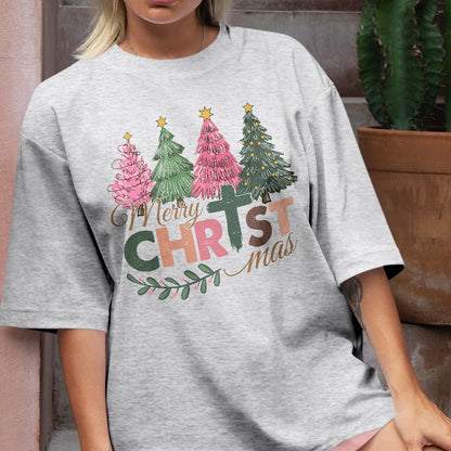 Teesdily | Merry Christmas Shirt, Jesus Christmas T-shirt, Christian Christmas Tree Sweatshirt, Holiday Christmas Hoodie Mug Gift