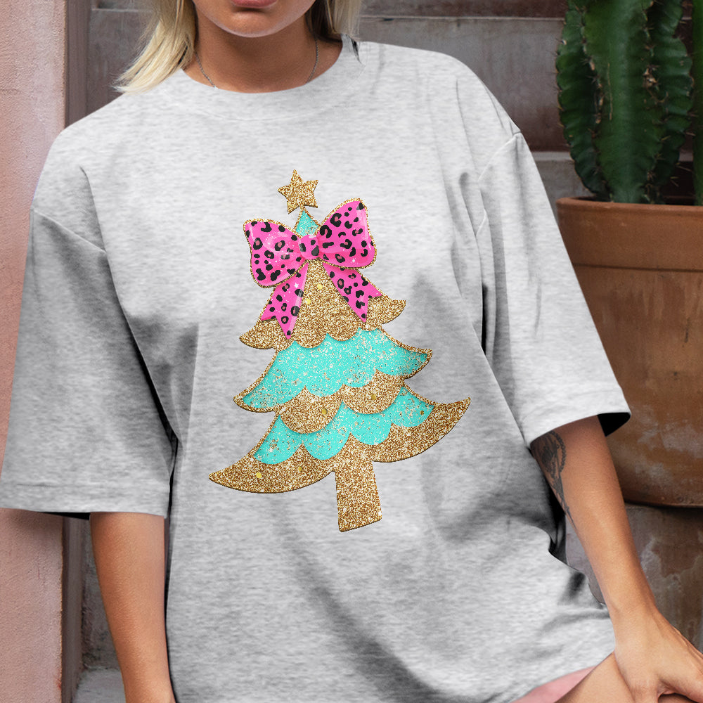 Teesdily | Christmas Tree Bow Shirt, Christmas Coquette Bow Glitter Leopard Sweatshirt, Christmas Hoodie Mug For Women