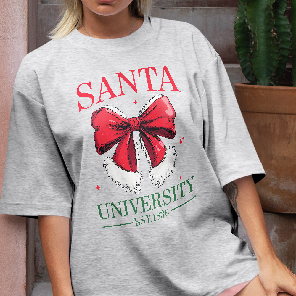 Teesdily | Retro Santa Bow University Est 1836 Shirt, Coquette Bow Christmas Sweatshirt, Social Club Santa Tee