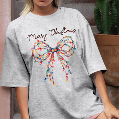 Teesdily | Merry Christmas Bow Light Shirt, Christmas Coquette Bow Sweatshirt, Merry And Bright Lights Bow Hoodie Mug For Women