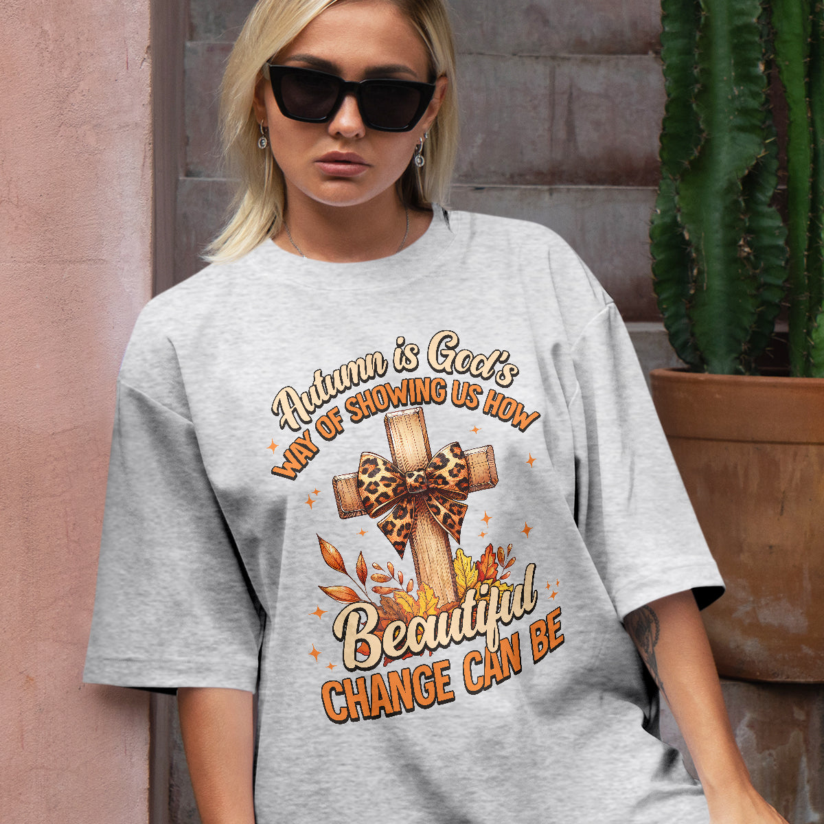 Teesdily | Jesus Cross Coquette Bow Thanksgiving Shirt, Autumn Is God's Way Tee Sweatshirt Hoodie Mug, Thanksgiving Jesus Gift