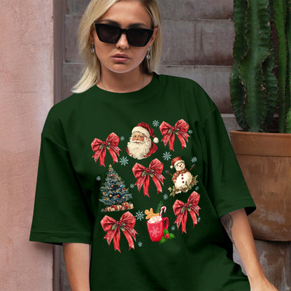 Teesdily | Christmas Coquette Bow Santa Shirt, Christmas Tree Snowman Mug Sweatshirt Hoodie, Retro Merry Bright Tee