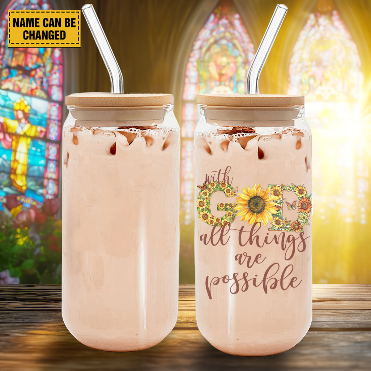 Teesdily | Customized Jesus Sunflower Glass Can With Straw, With God All Things Are Possible Mug Coffee, Christ Frosted Glass Can, Christian Art Gift