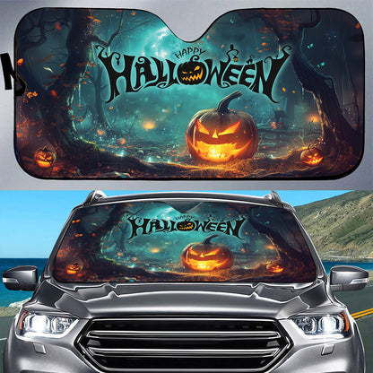 Teesdily | Happy Halloween Car Sunshade, Pumpkin Car Window Sunshade, Halloween Moon Night Windshield Sun Shade, Car Decor, Halloween Gift