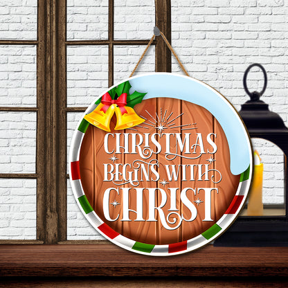 Teesdily | Christmas Round Wood Sign, Christmas Begins With Christ Wooden Sign, Christian Door Decoration Christmas Gifts, Xmas Family Door Sign