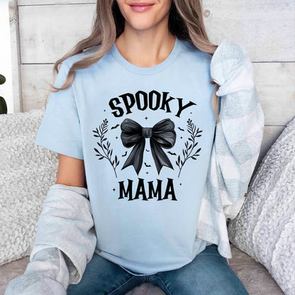 Teesdily | Retro Coquette Spooky Mama Bow Halloween Shirt, Back Bow Bat Flower Halloween Sweatshirt Hoodie Mug, Mama T-shirt, Halloween Gift