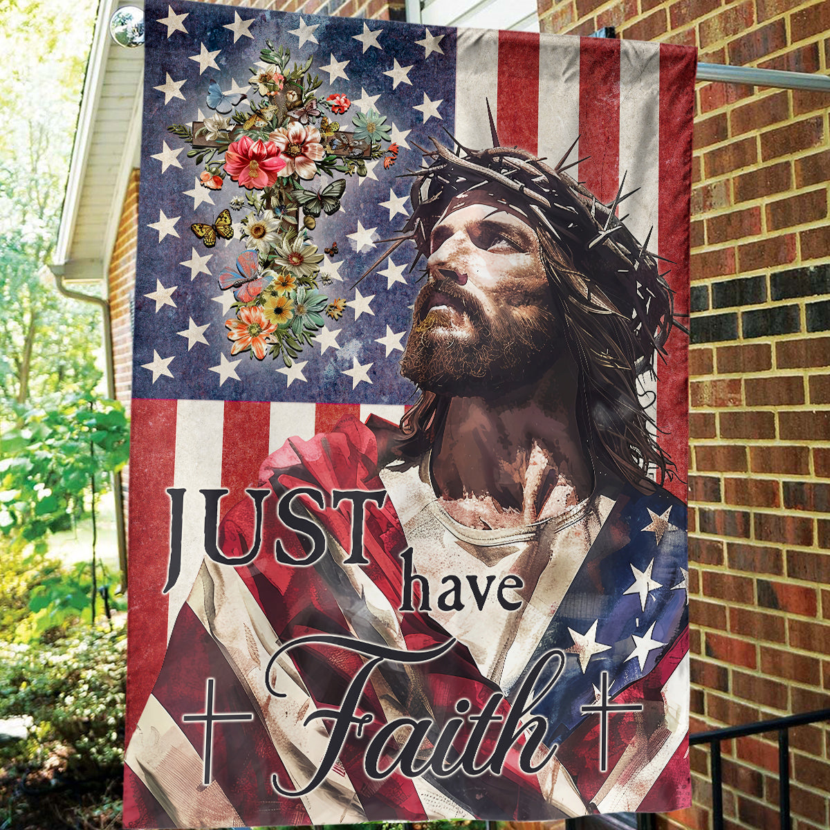 Teesdily | Jesus Portrait American Flag Yard Flag, Jesus Christ Just Have Faith Garden Flag, Independence Day Gifts, Patriotic Decorations