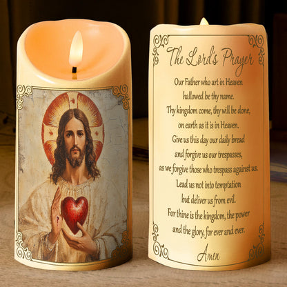 Teesdily | The Lord's Prayer LED Candle, Jesus Christ Scared Heart LED Candle Without Battery, Religious Christmas Home Decor