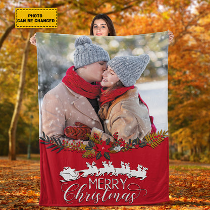 Teesdily | Merry Christmas Picture Blanket Personalized Photo Xmas Custom Sherpa Blanket With Picture Gift For Family Mom Dad Kids Wife Lover Partner