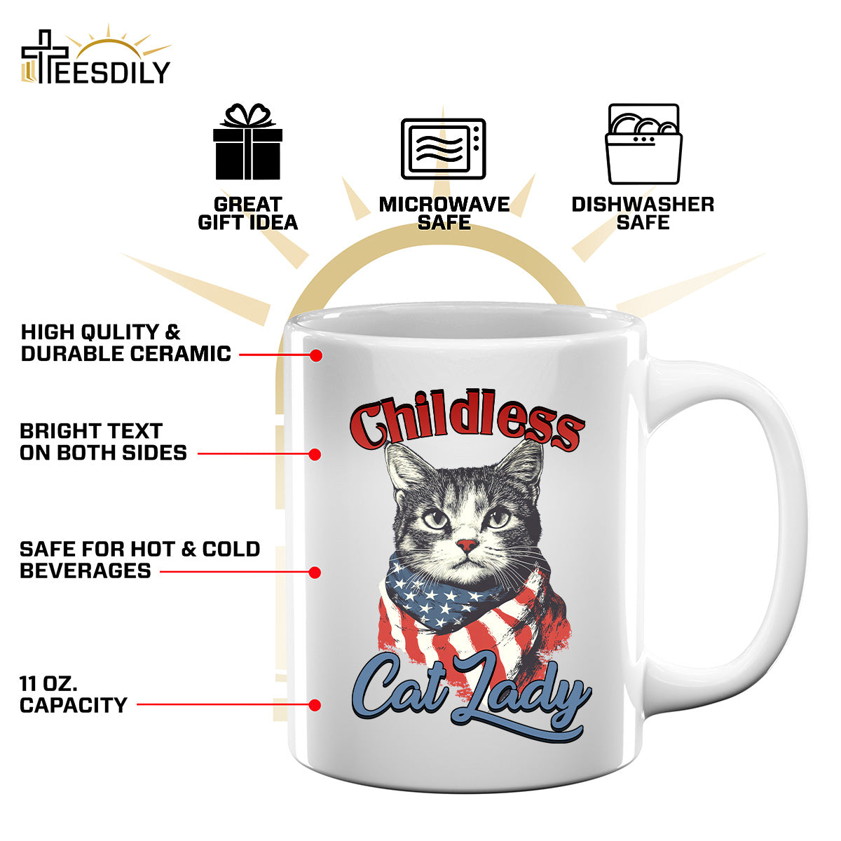 Teesdily | Childless Cat Lady Shirt, Childless Cat Lady For Ka-mala T-shirt, Cat American Flag Sweatshirt Hoodie Mug, Cat Lover Gift