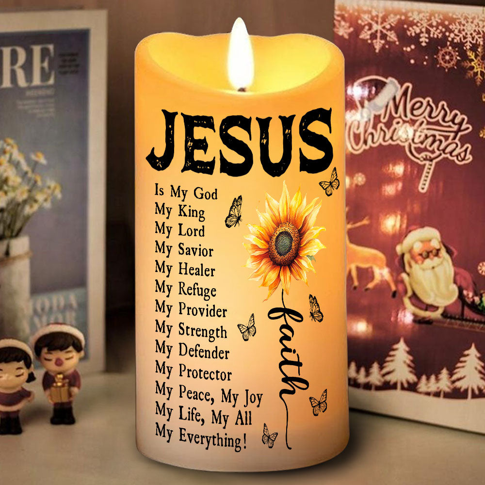 Teesdily | Personalized Jesus Is My God My King My Lord My Savior LED Candle, Jesus Christ Cross Sunflower Candle No Battery Gift