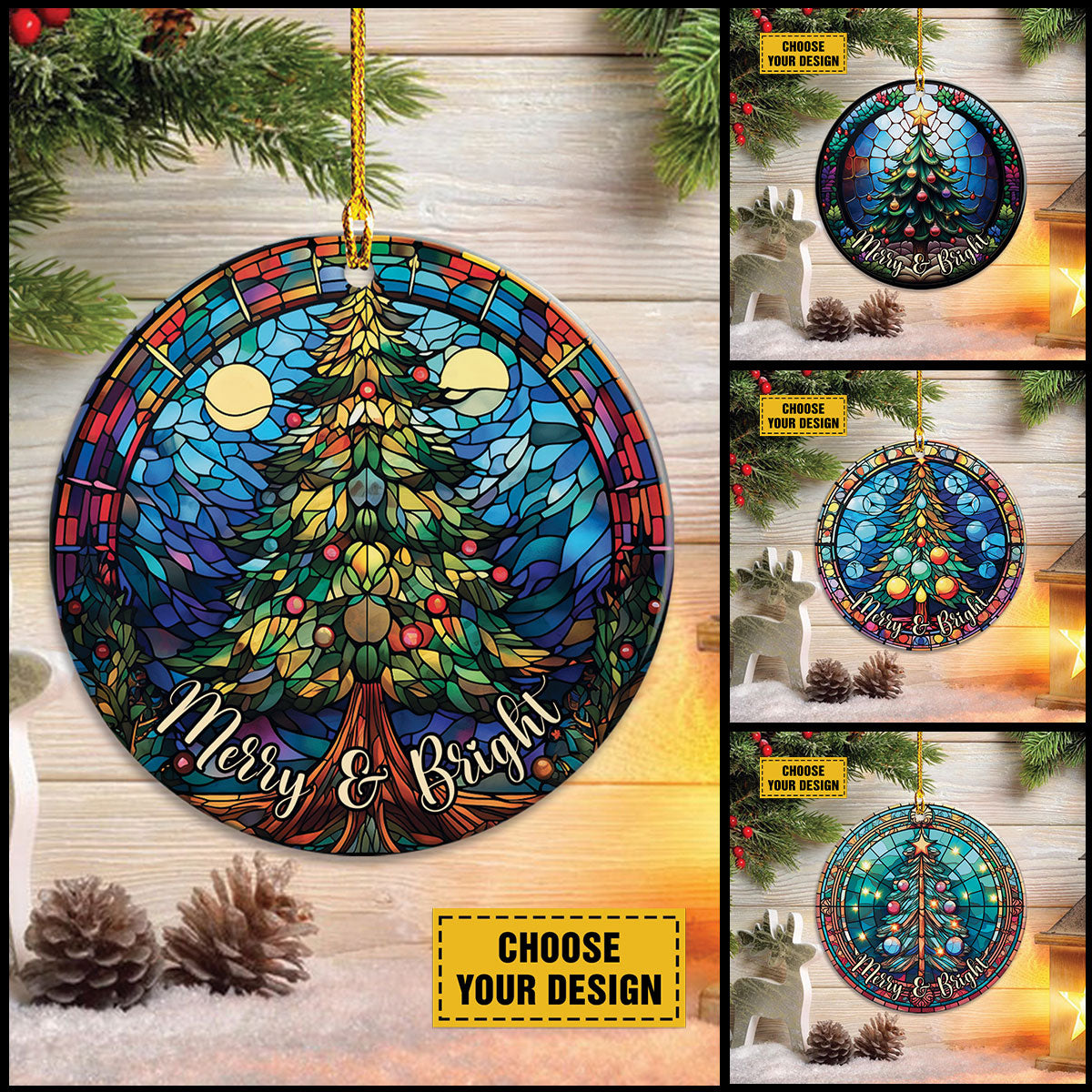 Teesdily | Merry And Bright Pine Tree Stained Glass Art Circle Ceramic Ornament, Pine Tree Acrylic Ornament, Jesus Lovers Gifts