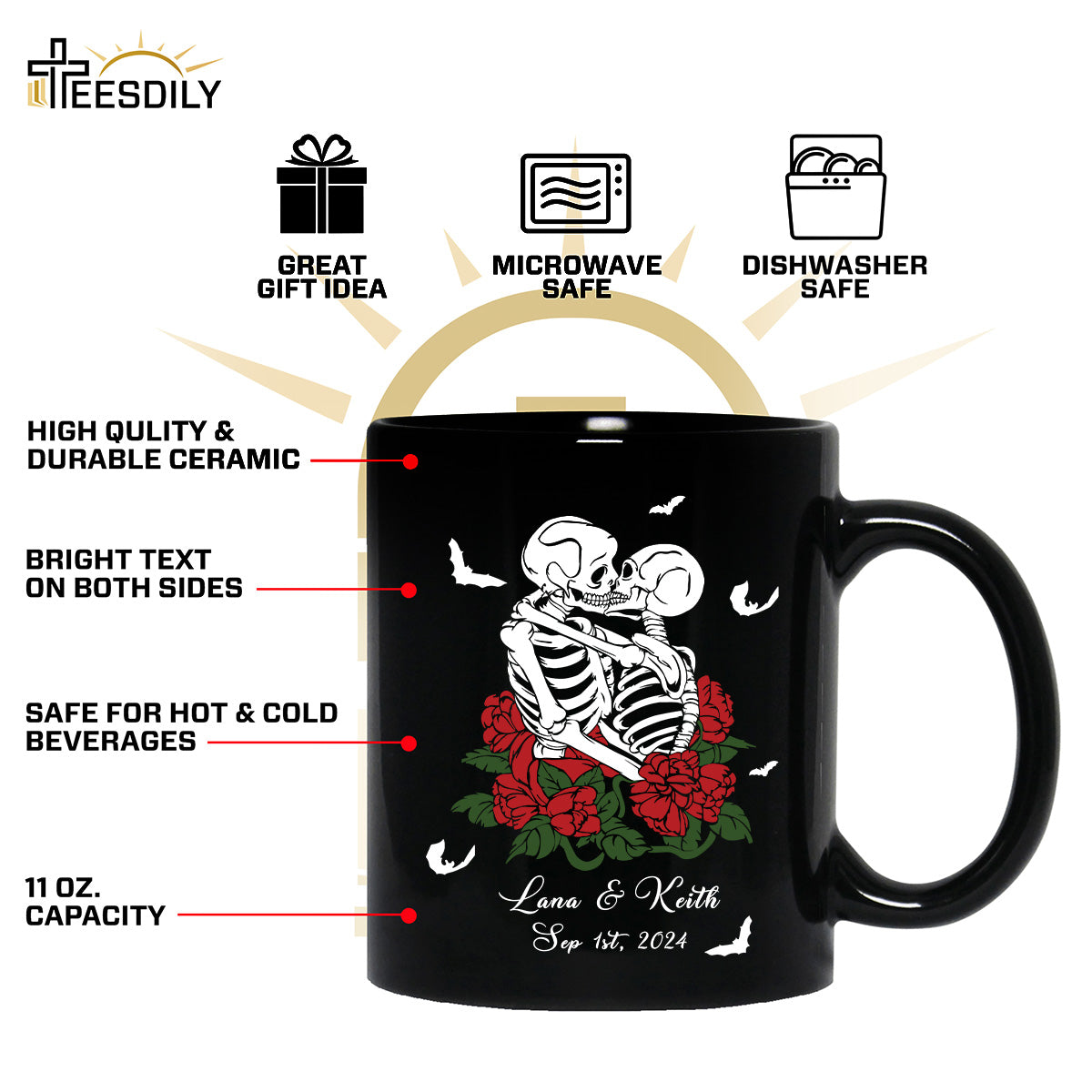 Teesdily | Personalized Spooky Skeleton Shirt, Couple Skeleton Halloween Hoodie Sweatshirt Mug, Skeleton Rose Romantic Couple Matching, Halloween Gift