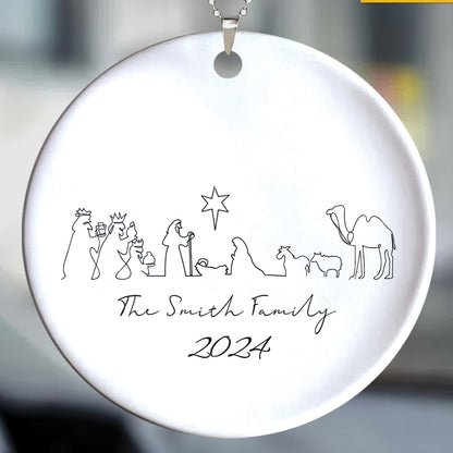 Teesdily | Customized Jesus Nativity Drawing Ceramic Ornament, Continous Line Drawing Jesus Holy Night Christmas Ornament Gift