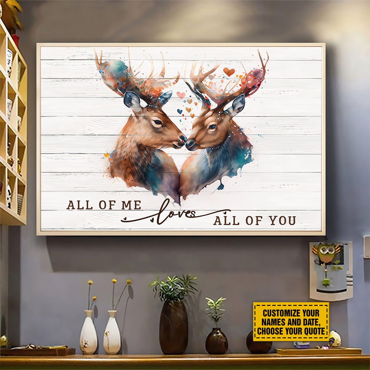 Teesdily | Customized Deer Couple Watercolor Print Wall Art All Of Me Love All Of You Canvas Poster Gift For Couple Lover Hunting Partners