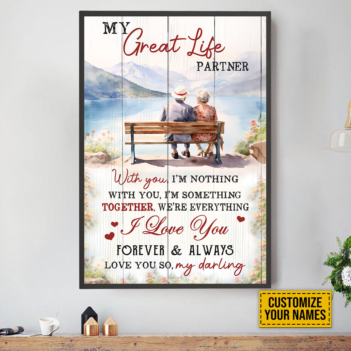 Teesdily | Old Couple Beautiful Landscape Customized Poster Canvas Mountain Scene Peaceful Wall Art My Great Life Partner Couple Room Wall Decor