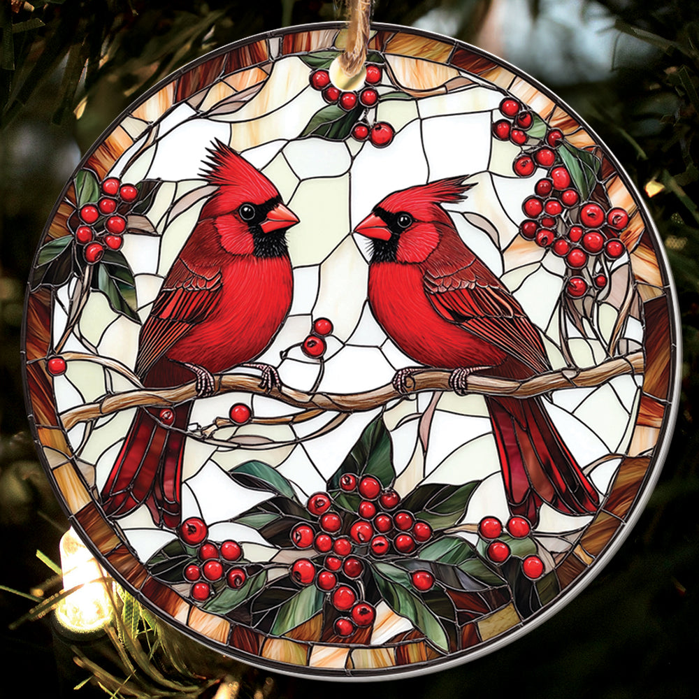 Teesdily | Couple Cardinal Ornament Christmas, Cardinal Stained Glass Acrylic 2D Ornament Christmas, Holiday Noel Ornament Gift