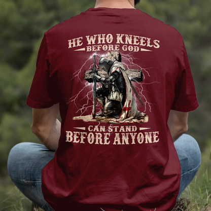 Teesdily | He Who Kneels Before God Shirt, Jesus Warrior Sweatshirt, Christian Cross Faith Hoodie Mug, Religious Gift Men