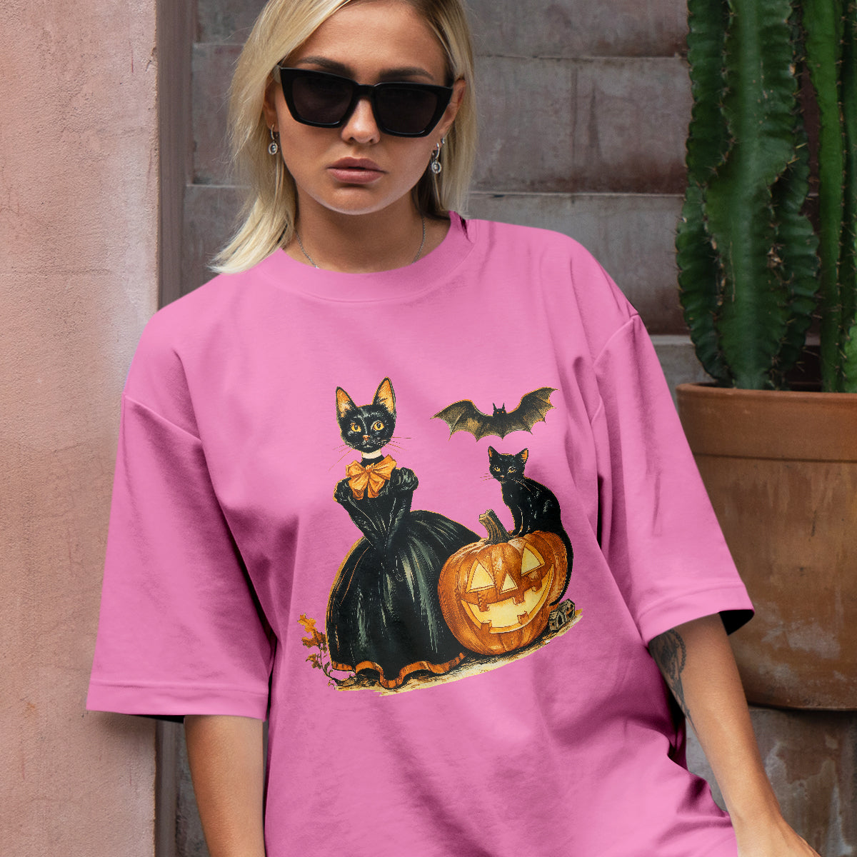 Teesdily | Childless Cat Lady Full Color Shirt, Halloween Pumpkin Witch And Cat Sweatshirt, Witchy Black Cat Hoodie Mug