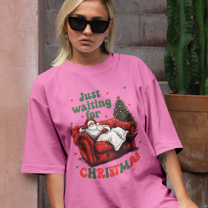 Teesdily | Just Waiting For Christmas Shirt, Santa Sofa Christmas Lights Tee 2024, Santa Claus Sweatshirt Hoodie Mug, Holiday Gift