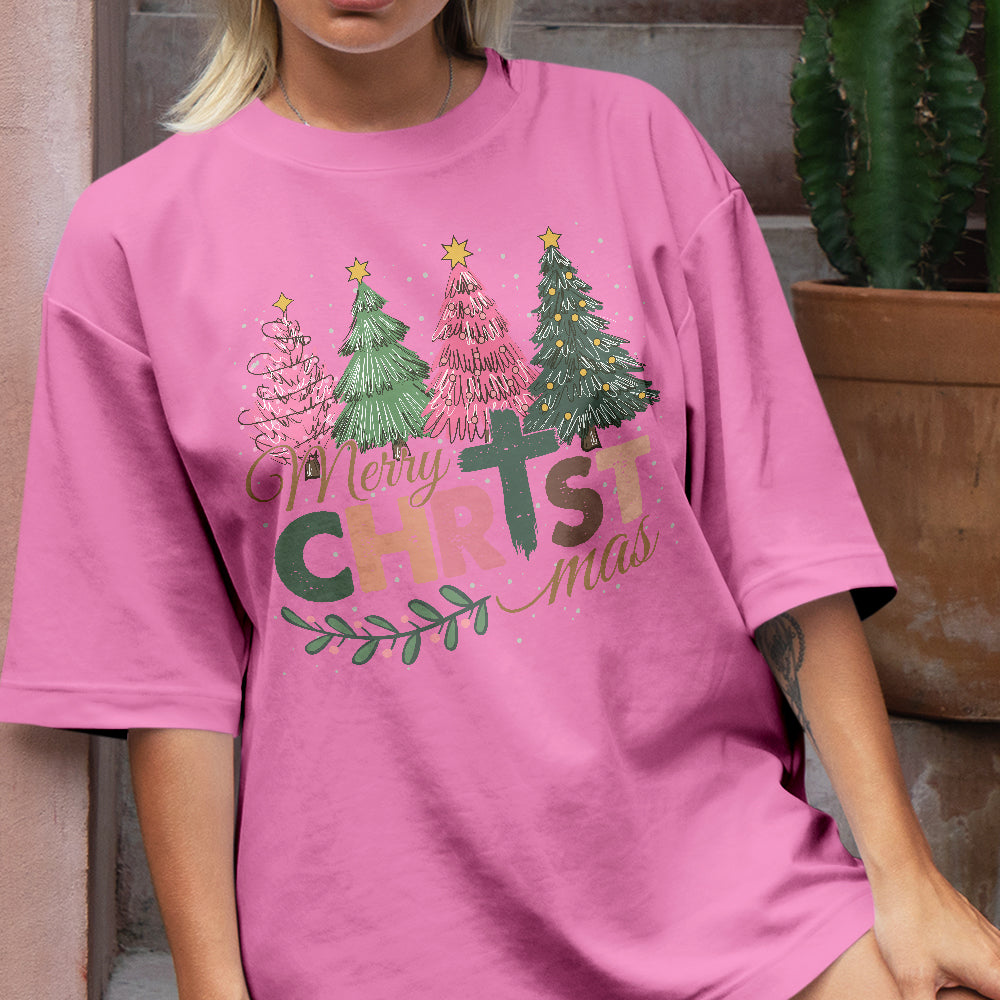 Teesdily | Merry Christmas Shirt, Jesus Christmas T-shirt, Christian Christmas Tree Sweatshirt, Holiday Christmas Hoodie Mug Gift