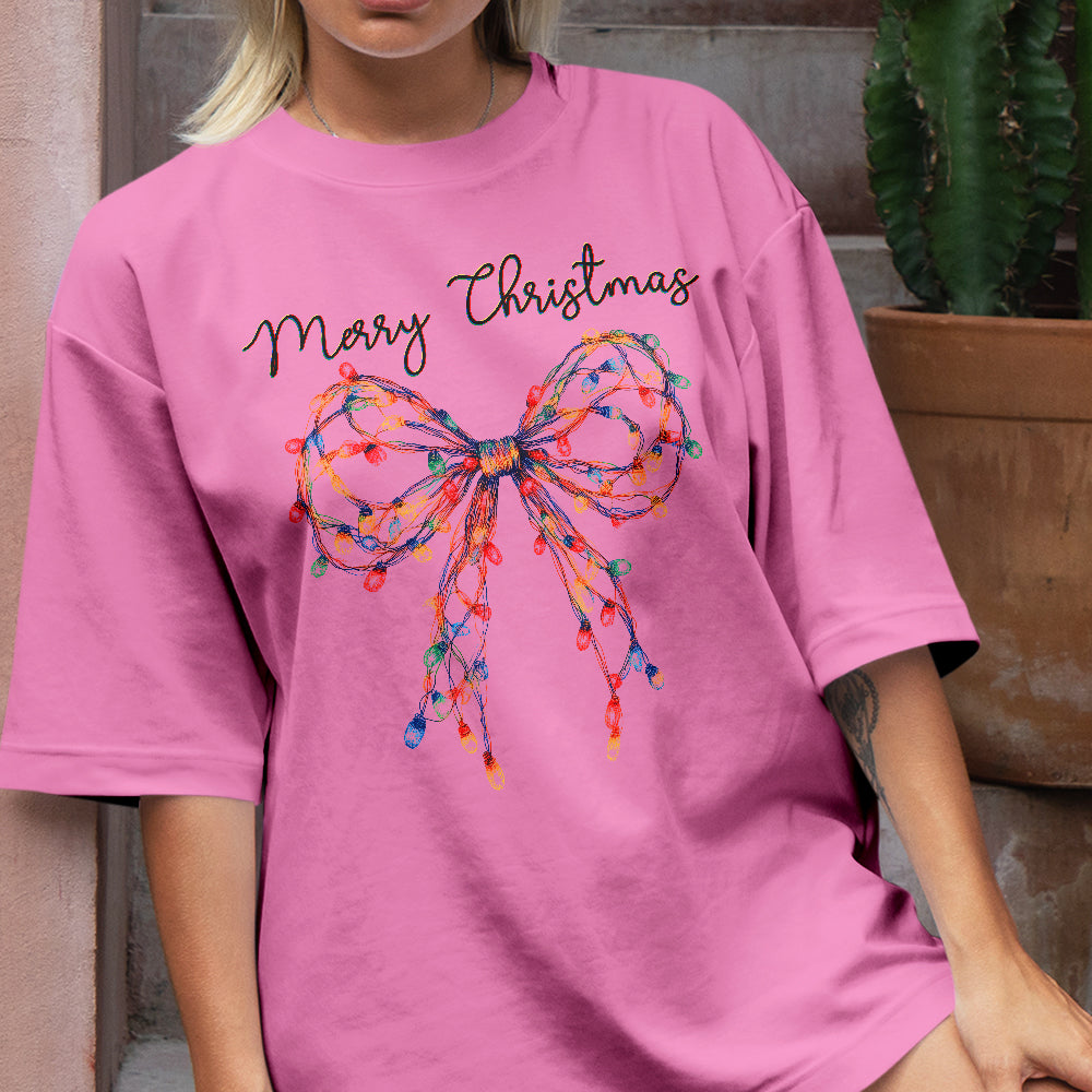 Teesdily | Merry Christmas Bow Light Shirt, Christmas Coquette Bow Sweatshirt, Merry And Bright Lights Bow Hoodie Mug For Women