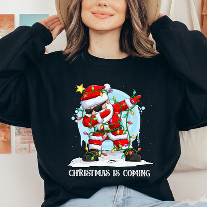 Teesdily | Funny Santa Dancing Shirt, Christmas Is Coming Sweatshirt, Santa Christmas Lights Hoodie, Family Matching Shirt For Holiday