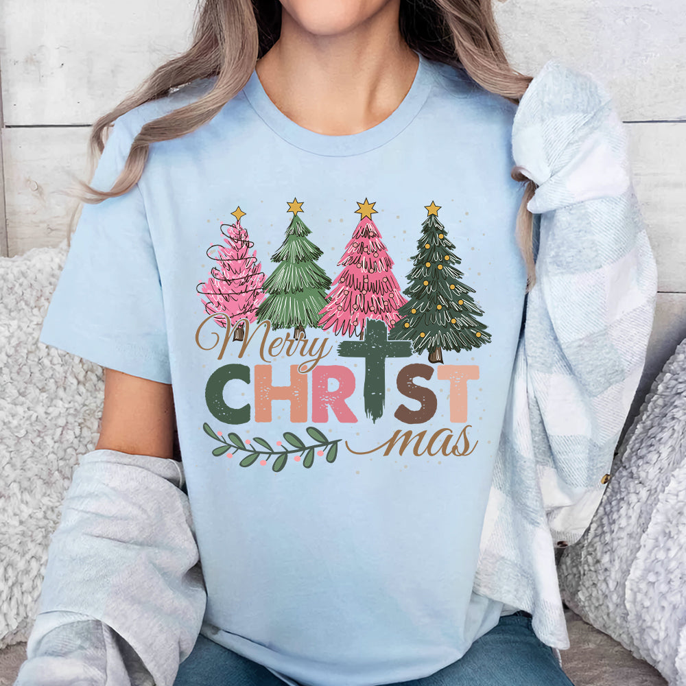 Teesdily | Merry Christmas Shirt, Jesus Christmas T-shirt, Christian Christmas Tree Sweatshirt, Holiday Christmas Hoodie Mug Gift