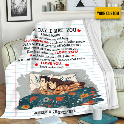 Teesdily | Personalized Chibi Couple Soft Blanket, The Day I Met You Fleece Blanket, Honeymoon Beach Blanket, Happy Wedding Keepsake, Mr And Mrs Gifts