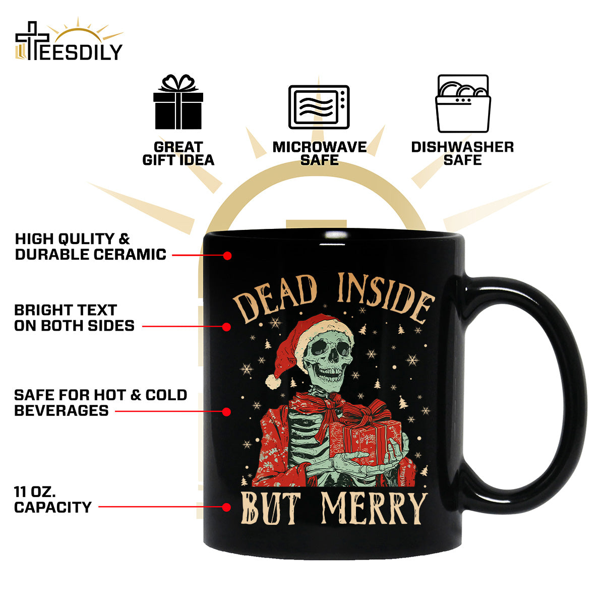 Teesdily | Christmas Skeleton Shirt, Dead Inside But Merry Christmas Sweatshirt Hoodie Mug, Skeleton Santa Tee, Christmas Gift