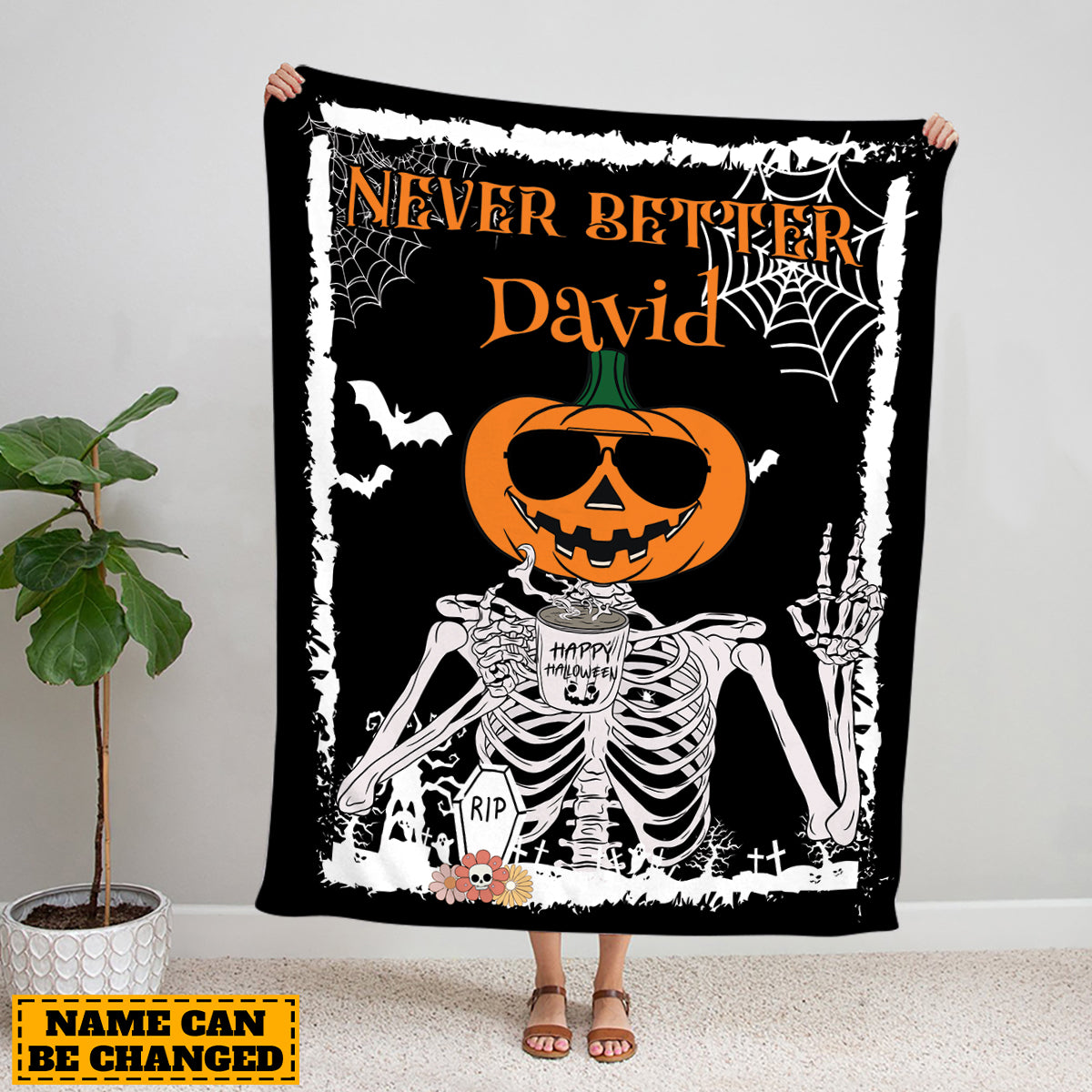 Teesdily | Customized Never Better Skeleton Blanket, Halloween Pumpkin Skeleton Coffee Throw Blanket, Funny Skeleton Blanket Sofa