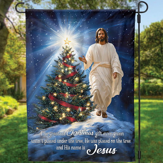 Teesdily | Jesus The Greatest Gift Christmas Flag, Christmas Tree Cross Light House Flag, Christ Yard Sign Religious Xmas Gift