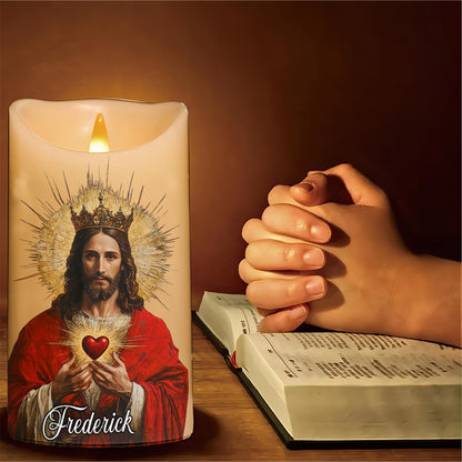 Teesdily | Custom Sacred Heart Of Jesus LED Candle No Battery, Jesus Prayer Cross Flower Candle, Religious Christmas Light Gift