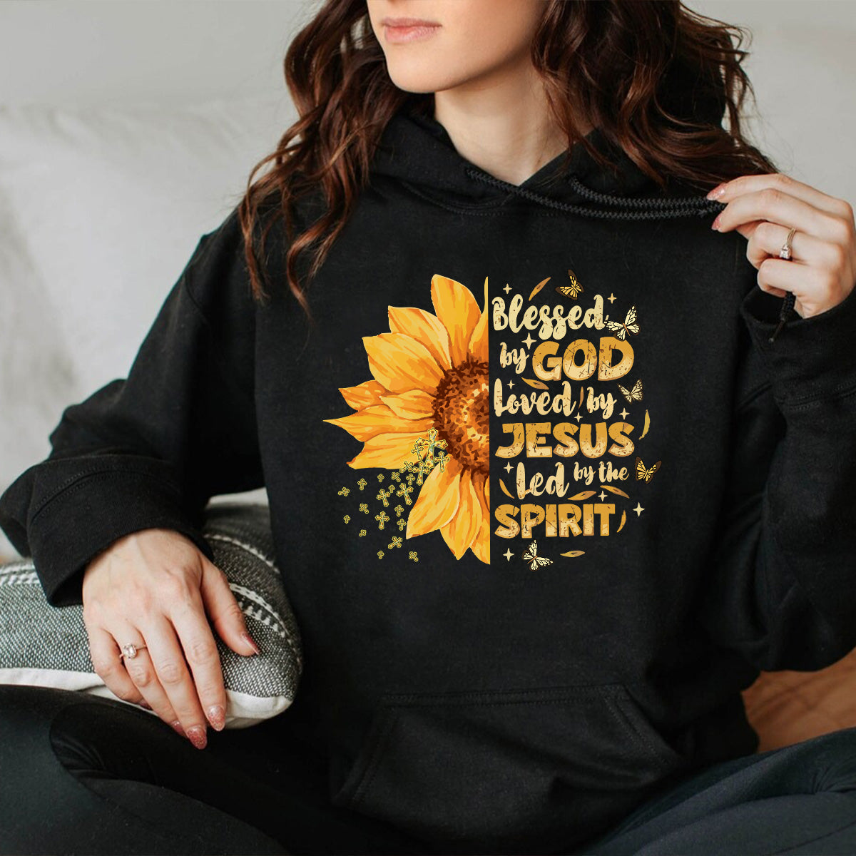 Teesdily | Jesus Christ Sunflower Tshirt, Blessed By God Loved By Jesus Sweatshirt Hoodie Mug, Jesus Cross Butterfly Shirt, Christian Girl Gifts