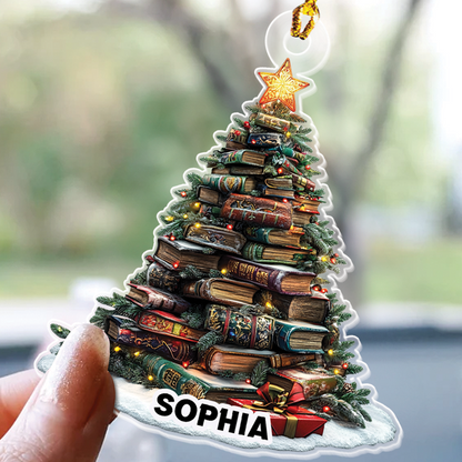 Teesdily | Customized Christmas Book Tree Name Ornament, Bookish Ornament, Book Club Bookworm Ornament, Librarian Book Lover Gift